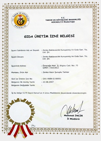 Gıda Üretim İzni Belgesi